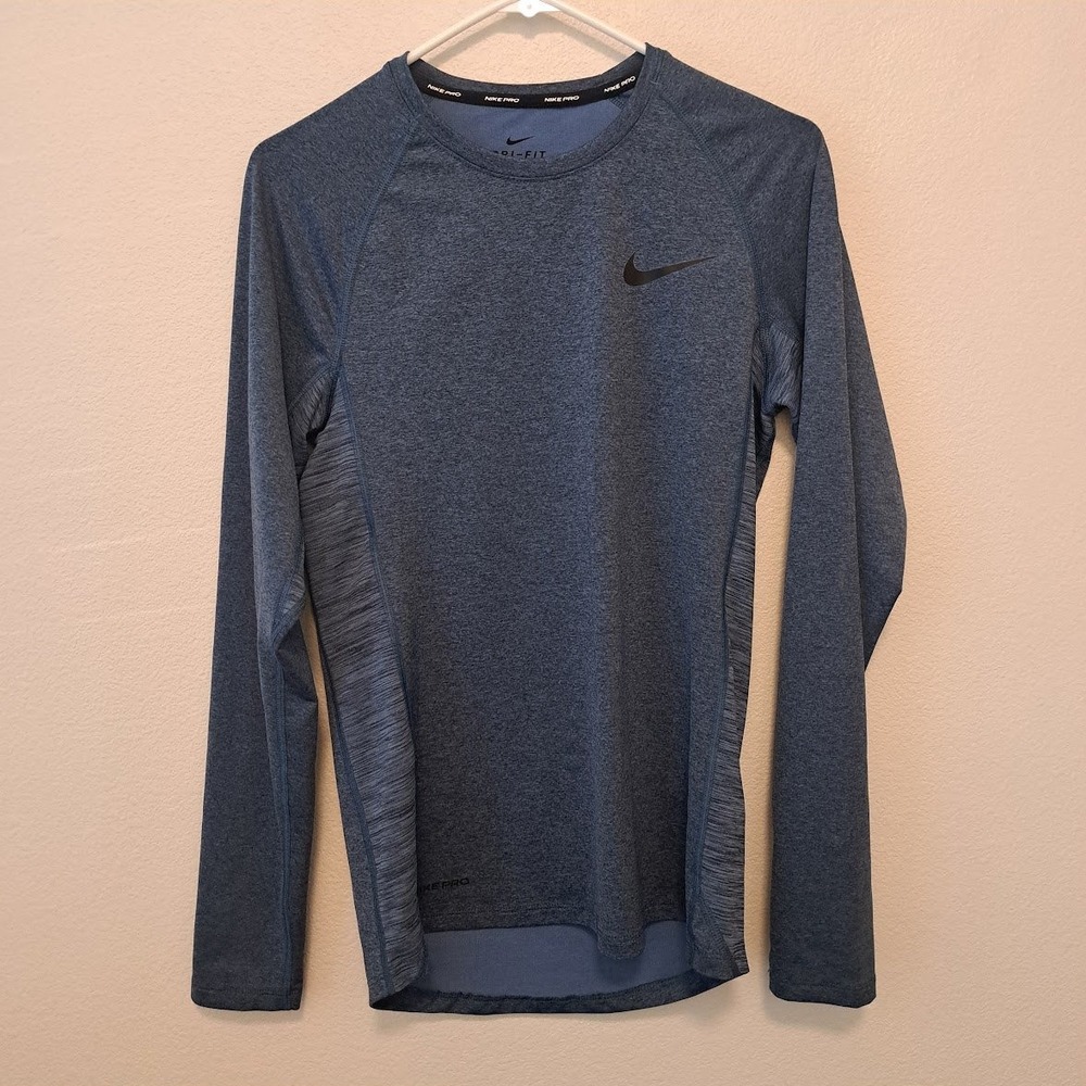 Nike Pro Dri-FIT Long Sleeve Training Top Blue Heathered Slim Fit Small